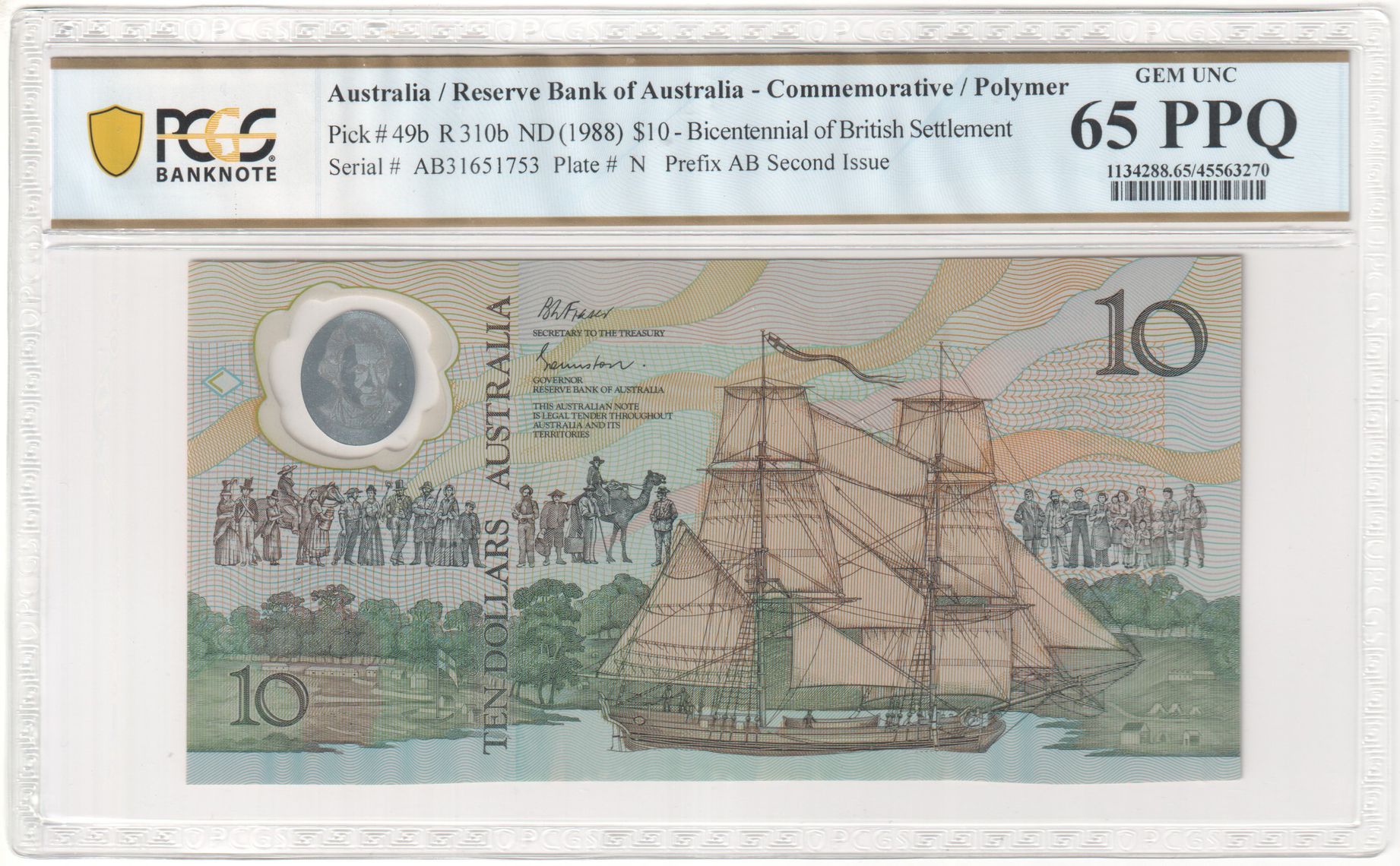 R. 310b, RBA, Bicentennial of British Settlement, Prefix AB Second Issue, Ten Dollar, ND (1988), PCGS - Gem UNC 65 PPQ