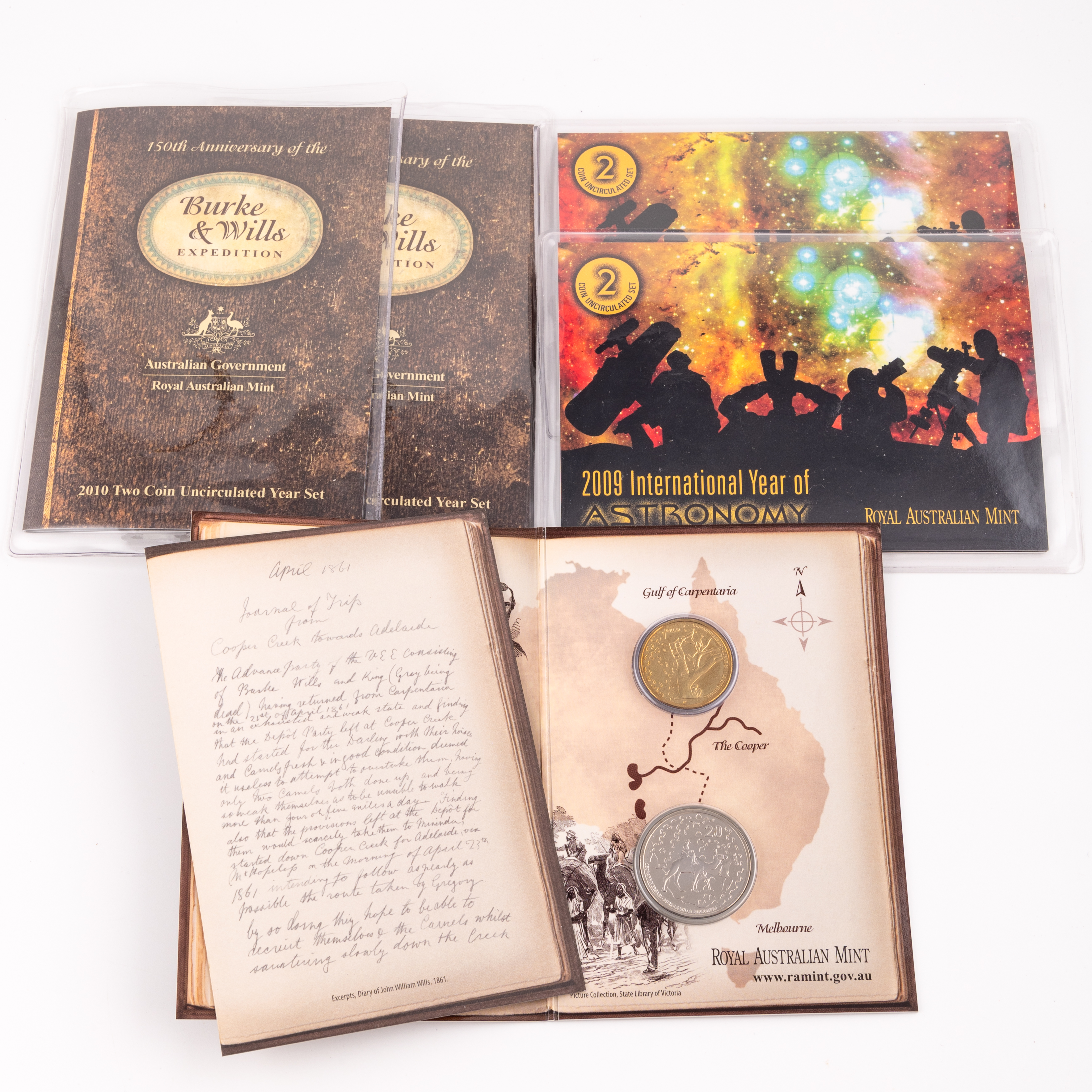 Elizabeth II, Int Year of Astronomy and Burke & Wills, Twenty Cents - One Dollar, 2009 - 2010, UNC