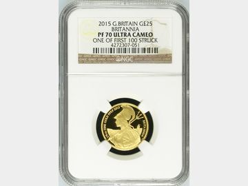 2015 ELIZABETH II BRITANNIA GOLD 1/4oz PROOF 25 POUND COIN (ONE OF FIRST 100 STRUCK) PF70 UCAM