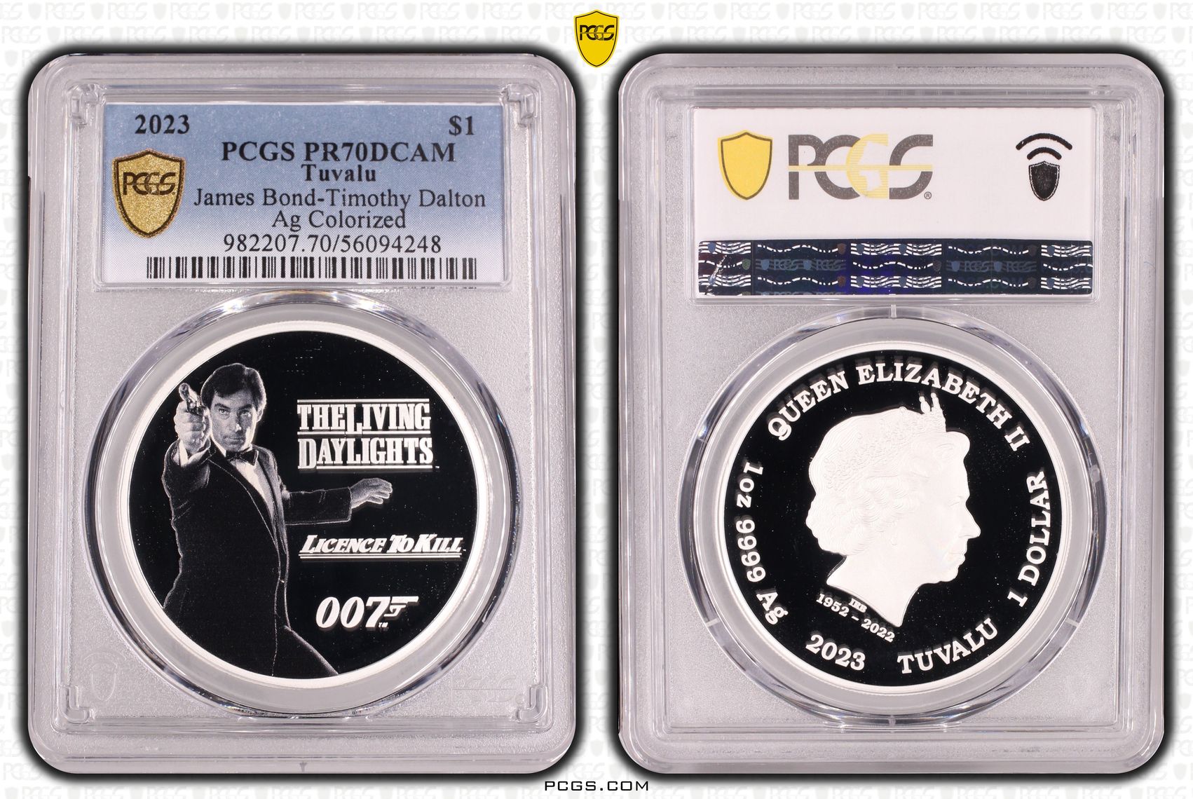 273 · Tuvalu, James Bond-Timothy Dalton Silver Colorized, POP 1/0, One Dollar, 2023, PCGS PR70DCAM
