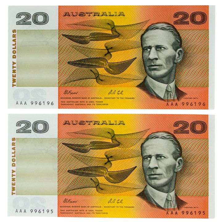 Consecutive Pair, Fraser/Evans, Twenty Dollars, 1993, UNC