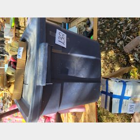 Tote of plastic and other kitchen items, aluminum cake pans