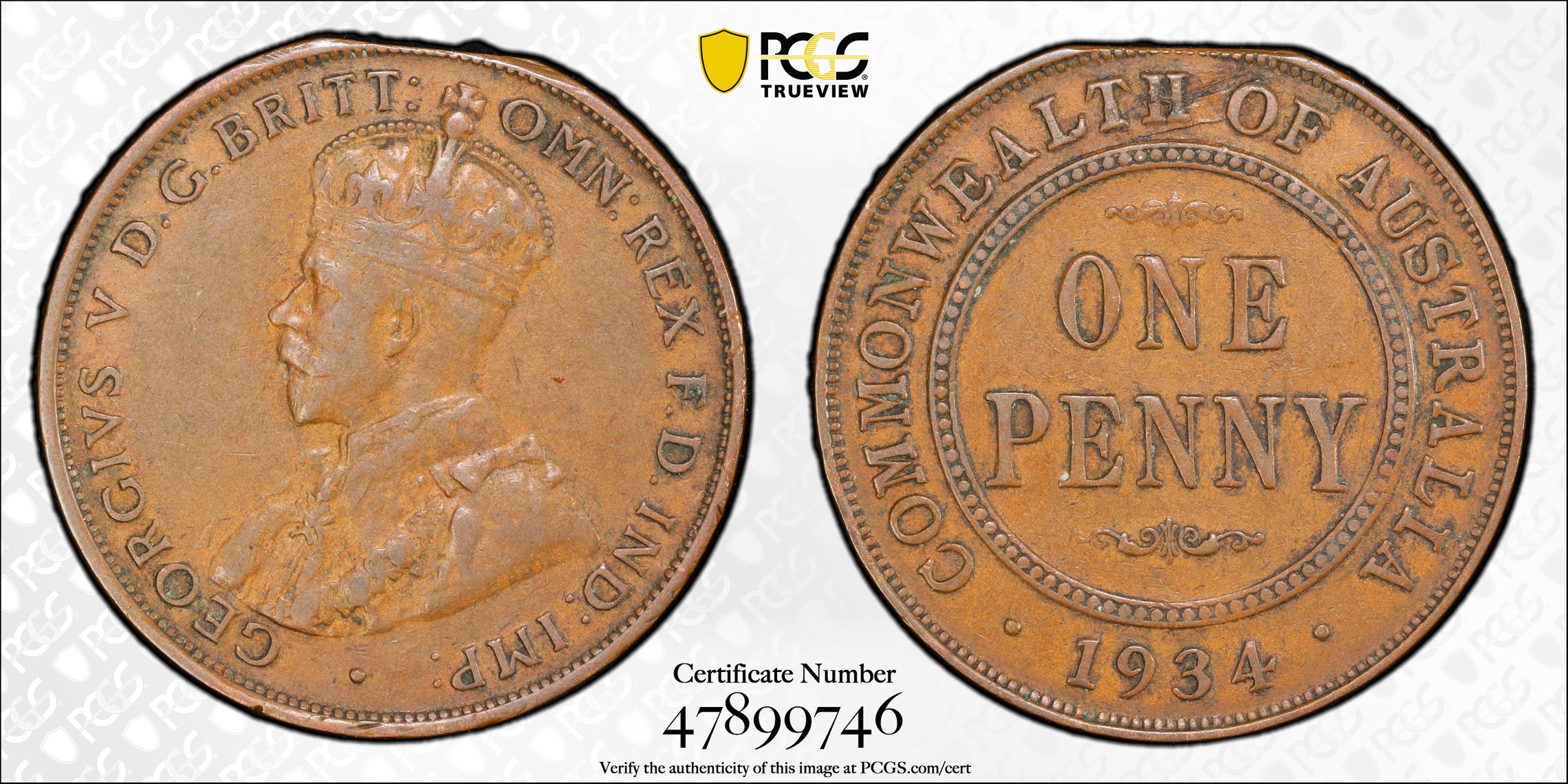 One Penny, 1934-M, Edge Clip, PCGS XF 40