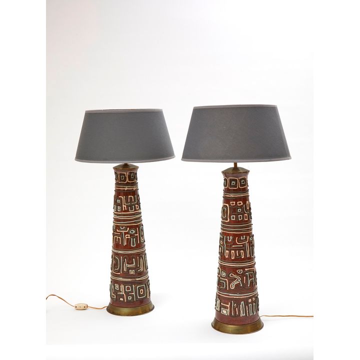 PAIRE DE PIEDS DE LAMPE VINTAGE EN CÉRAMIQUE ÉMAILLÉE. PROBABLEMENT SCANDINAVE.