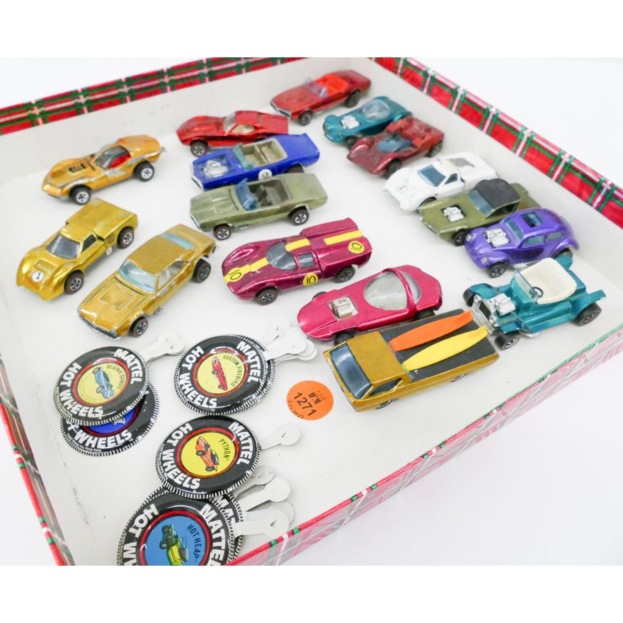 Box 16pc Vintage Hot Wheel Redline Cars with Tin Buttons