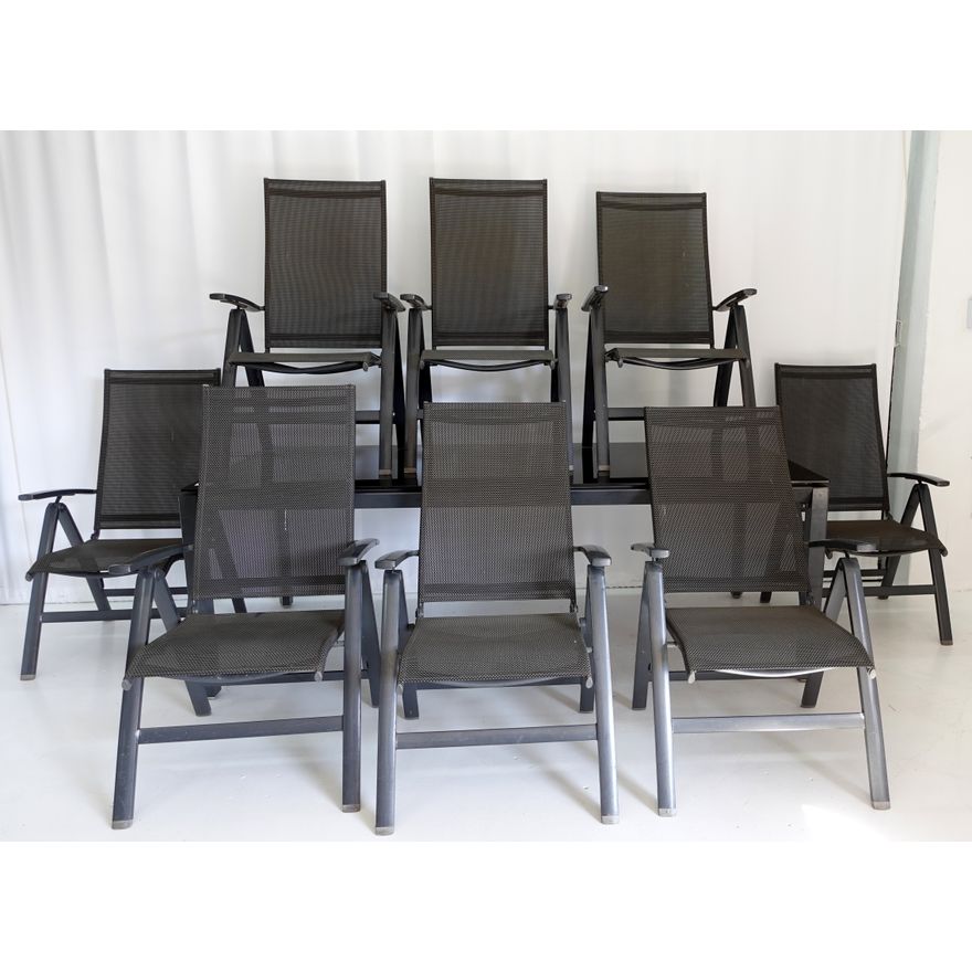 GLASS TOP PATIO TABLE WITH 8 FOLDING CHAIRS
