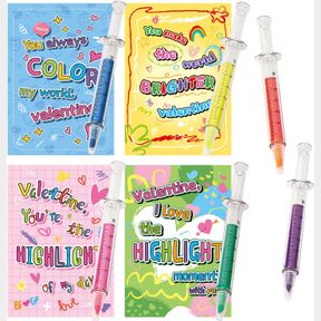 32PCS KIDS VALENTINES DAY GIFTS FOR CLASSROOM - VALENTINE CARDS WITH SYRINGE SHAPE HIGHLIGHTER NOVELTY TOYS FOR BOYS GIRLS EXCHANG