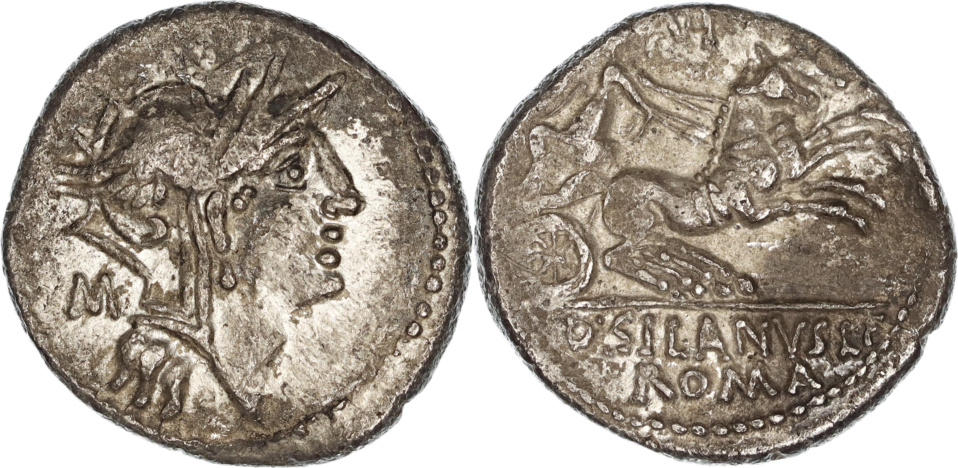 Roman Republic, D. Iunius L.f. Silanus, Silver Denarius, 91 BC, nVF