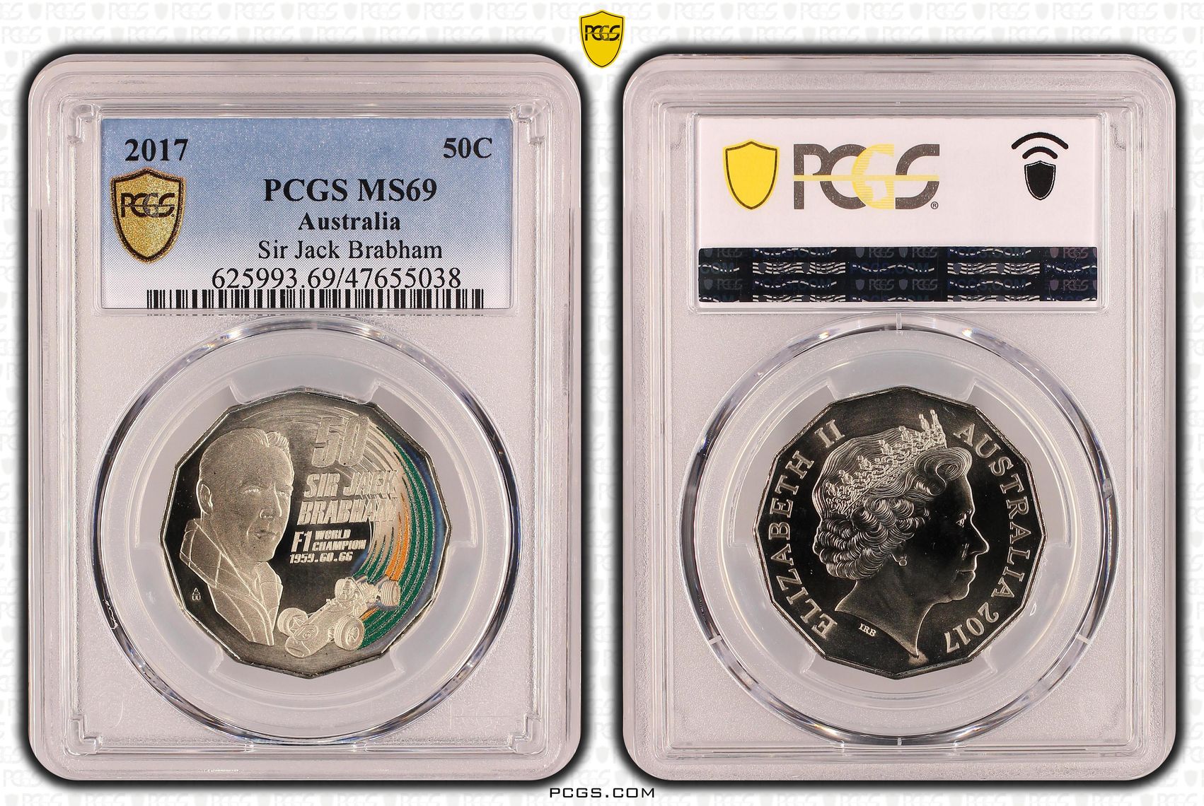 Elizabeth II, Sir Jack Brabham, Fifty Cent, 2017, PCGS MS69