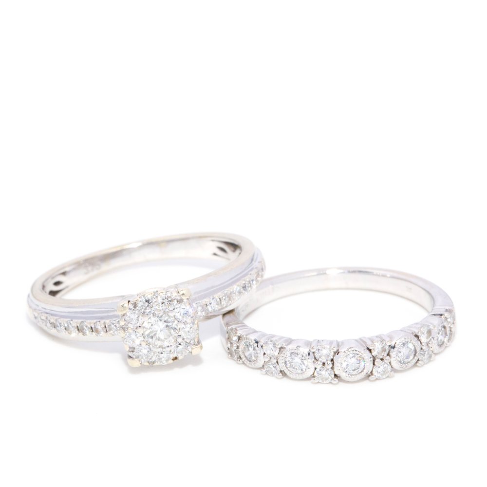 112 · Set of Two 9 and 10 Carat White Gold Diamond Rings