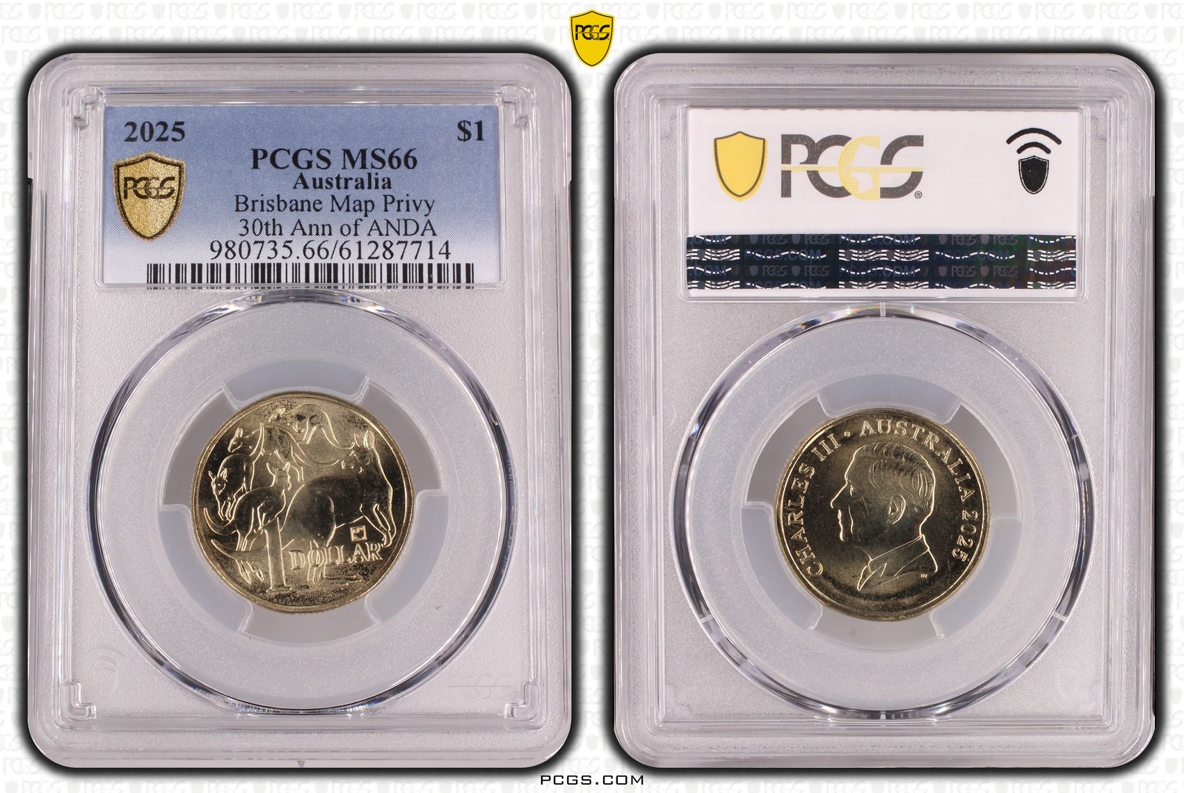 424 · Brisbane Map Privy 30th Ann of ANDA, One Dollar, 2025, PCGS MS66