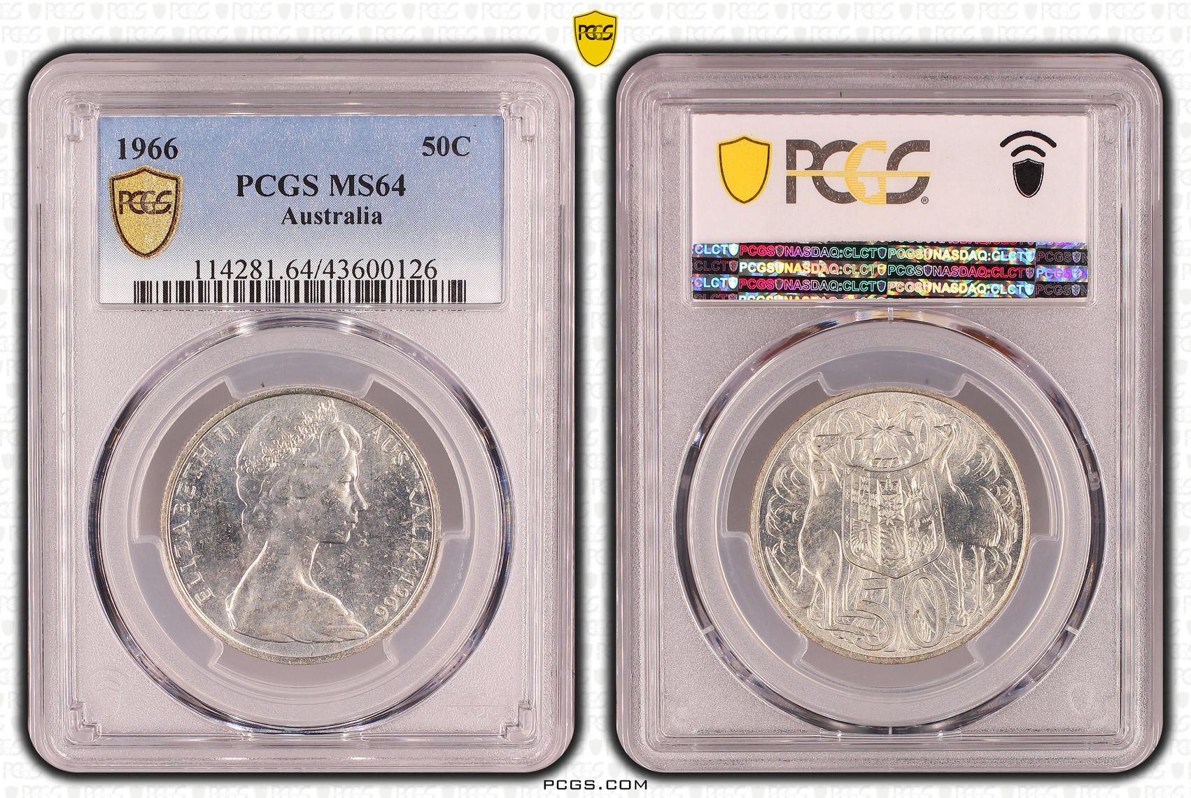 1966 Australia Fifty Cent, 50c Silver PCGS - MS64 -126