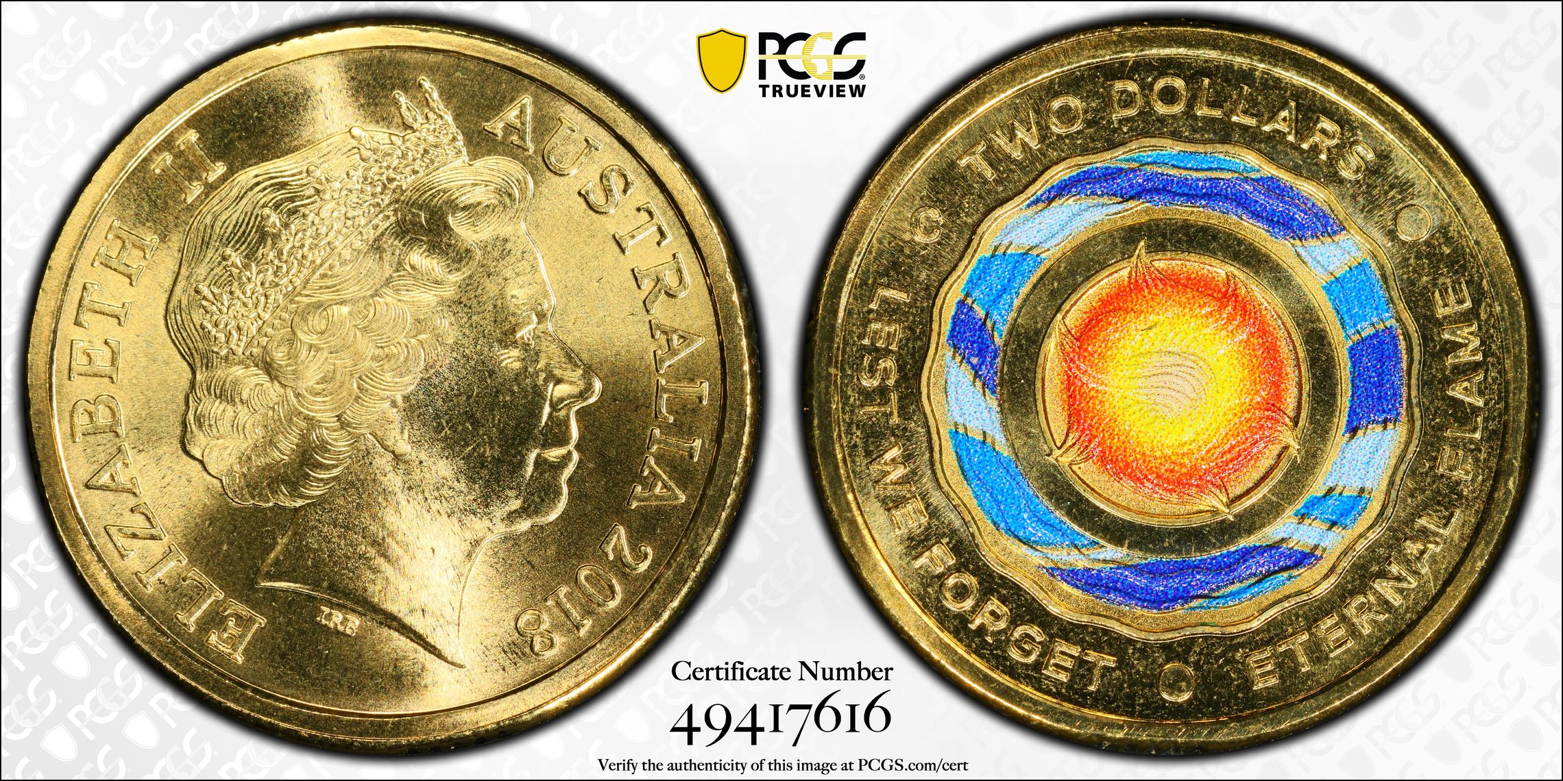 Lest We Forget Eternal Flame Colourised, Two Dollar, 2018-C, PCGS MS69