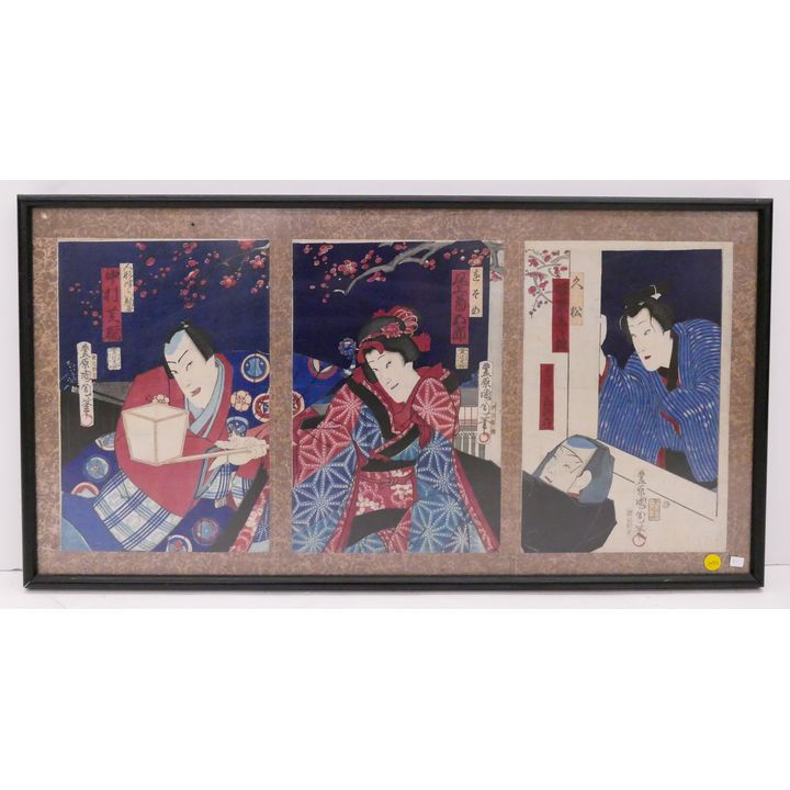 Kunisada Meiji Japanese Triptych Woodblock- 18x34''