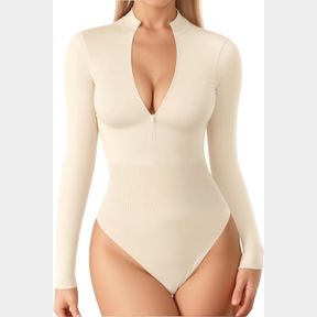 MANGOPOP LONG SLEEVE THONG BODYSUIT SHAPEWEAR TUMMY CONTROL MOCK TURTLENECK ZIP UP BODYSUITS FOR WOMEN RIBBED SEAMLESS