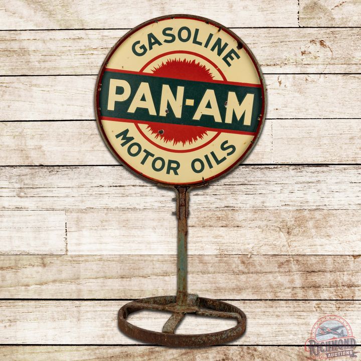 Pan-Am Gasoline Motor Oils 30" Double Sided Porcelain Curb Sign