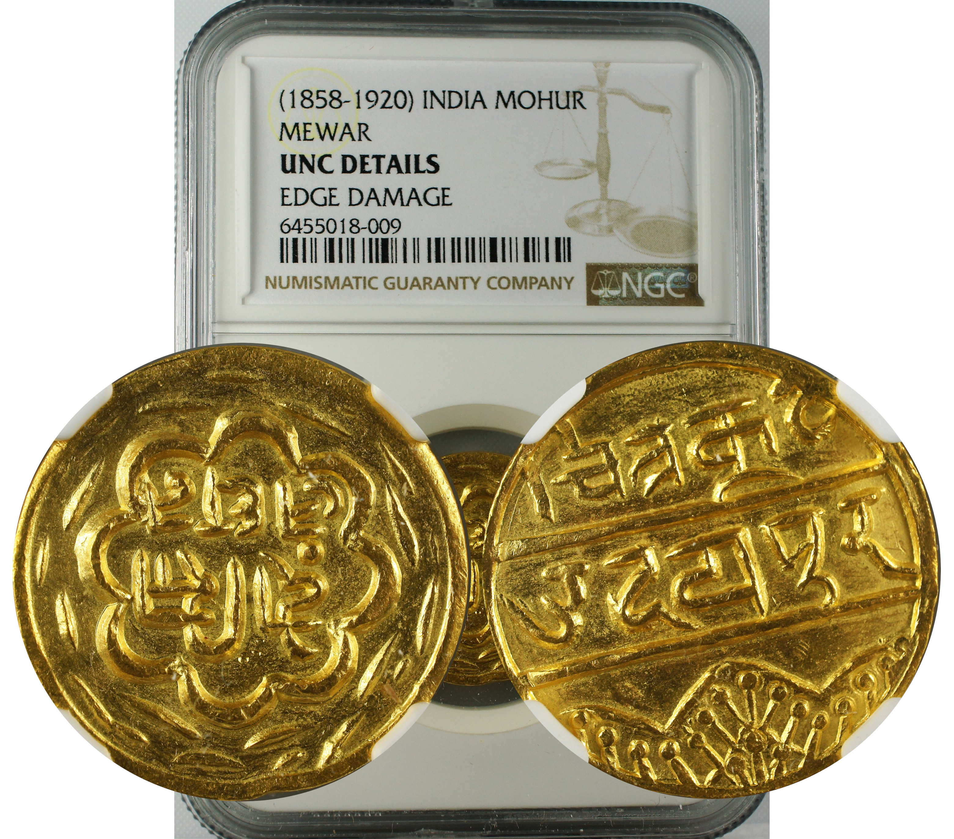 1858-1920 INDIA MOHUR MEWAR UNC DETAILS EDGE DAMAGE