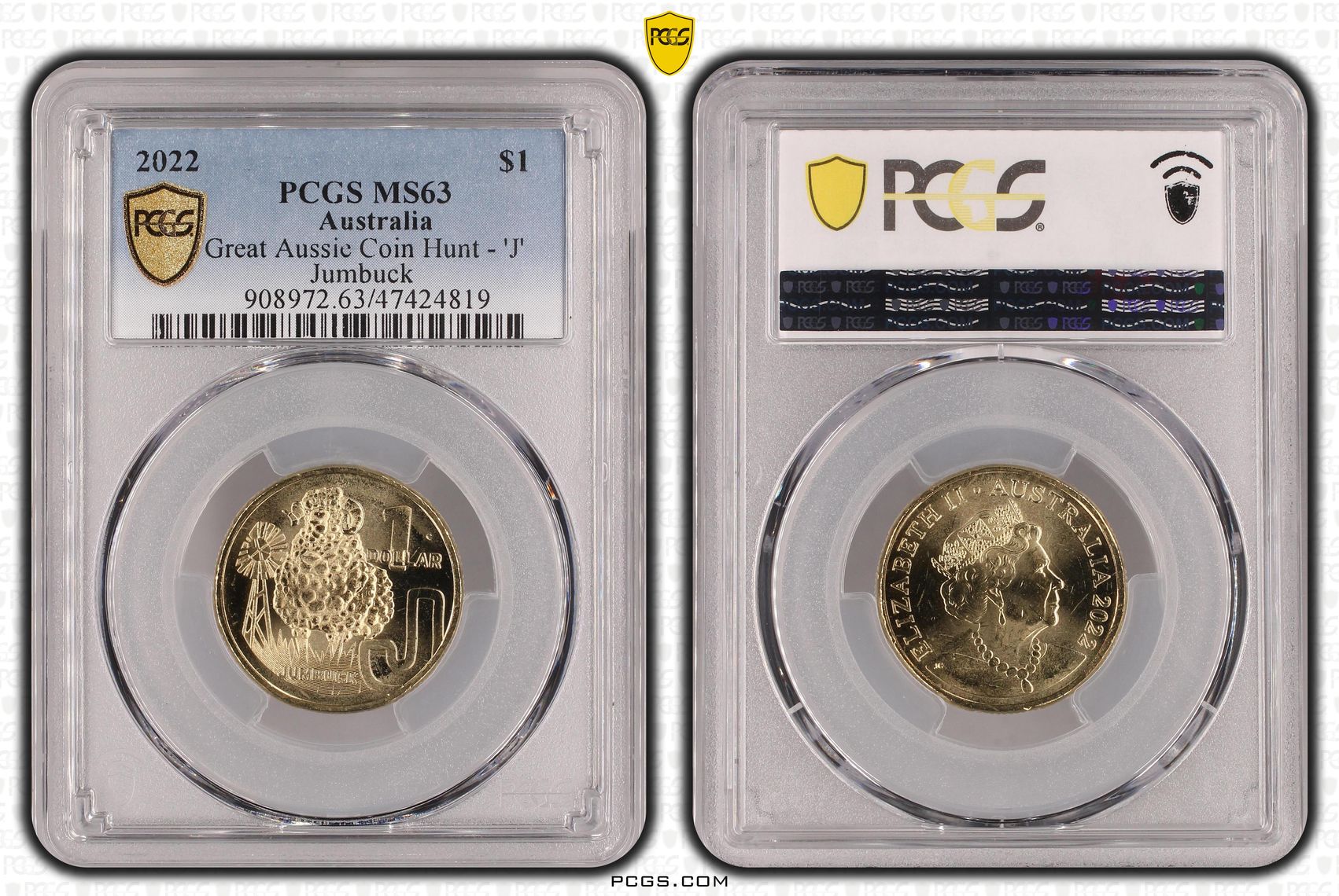 Great Aussie Coin Hunt - 'J', One Dollar, 2022, PCGS MS 63