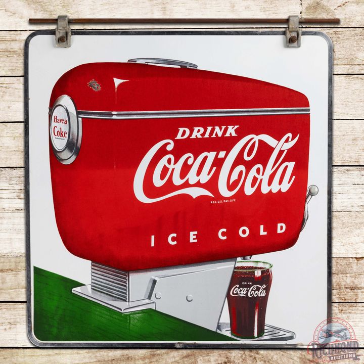 Nice Drink Coca-Cola Ice Cold Double Sided Porcelain Sign w/ Motor Boat Dispenser & Glass