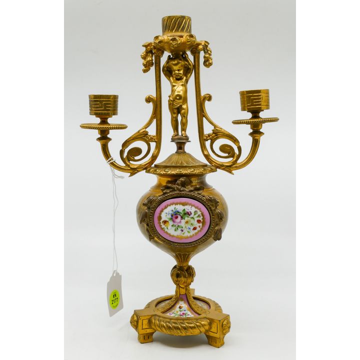 Antique French Gilt Bronze Cherub Candelabra 12'' - Floral porcelain inserts