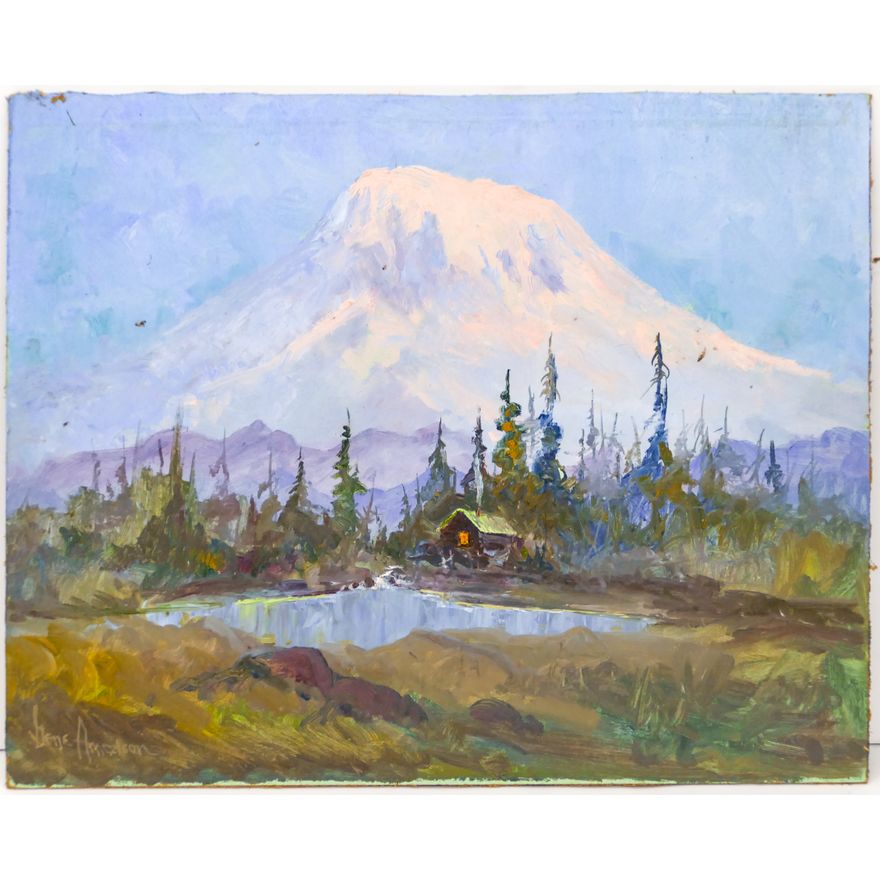 Gene Amondson ''Cabin under Rainier'' Oil on Masonite 16''x20''