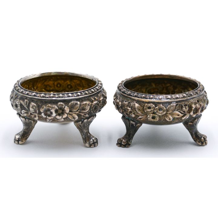 Pair Antique Sterling Repousse Footed Salts 2'' - 80 Grams TW