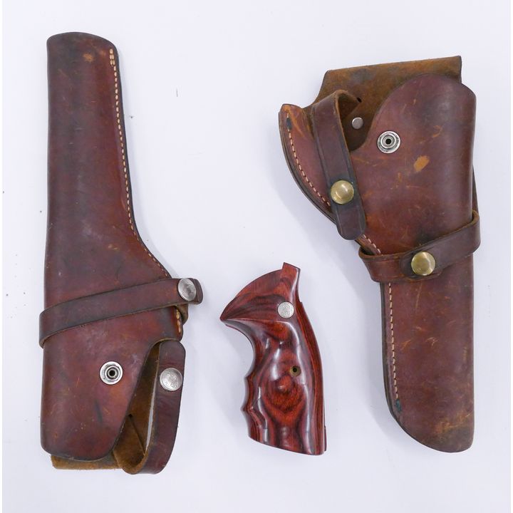 3pc Leather Gun Holsters and NOS Smith & Wesson K Frame Rosewood Grips. Leather holsters by Hunter (11'') and Brauer Bros St Louis (10'')