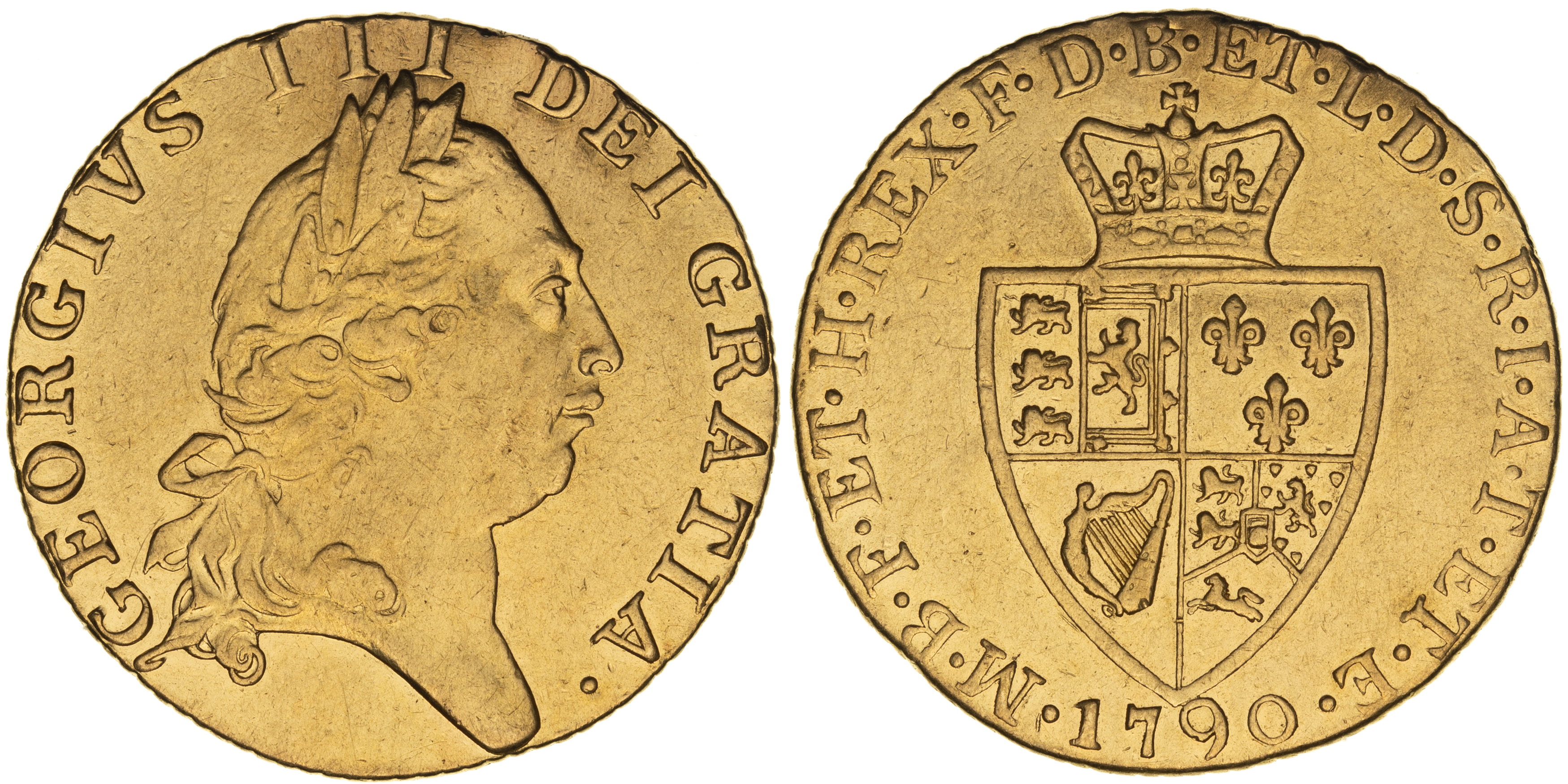 Great Britain, George III, Fifth Head - Spade Reverse, Guinea, 1790, aEF