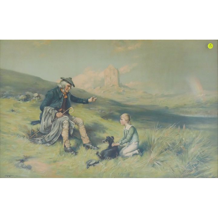 Antique C.M. Mardie Scottish Scene Lithograph Framed 27''x39''