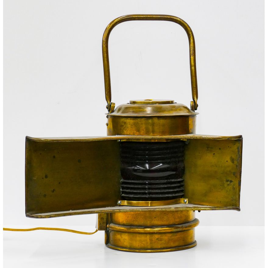Old Directional Brass Marine Lamp w/ Red Fresnal Lens. 18''