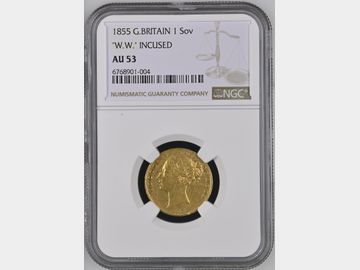 1855 VICTORIA W.W. INCUSE SHIELD GOLD SOVEREIGN AU53
