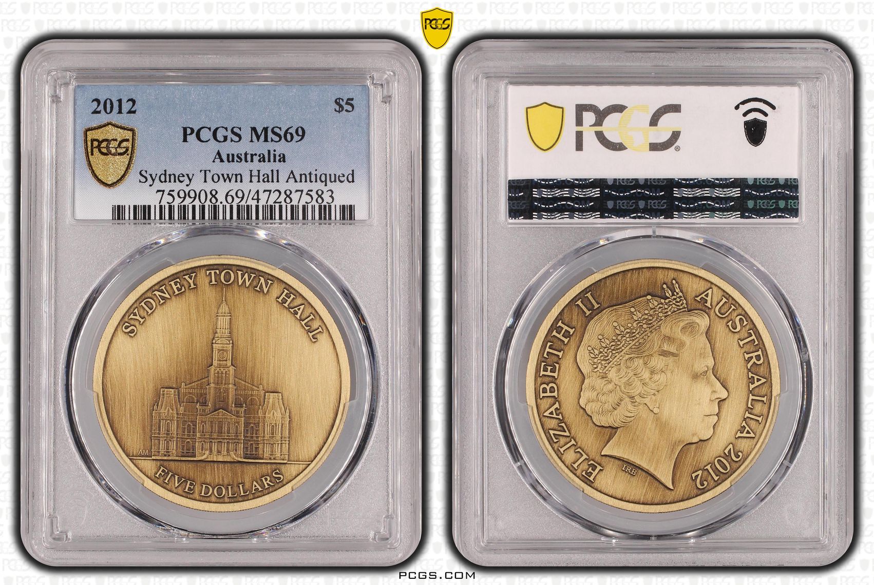 497 · Elizabeth II, Sydney Town Hall Antiqued, Five Dollar, 2012, PCGS MS69