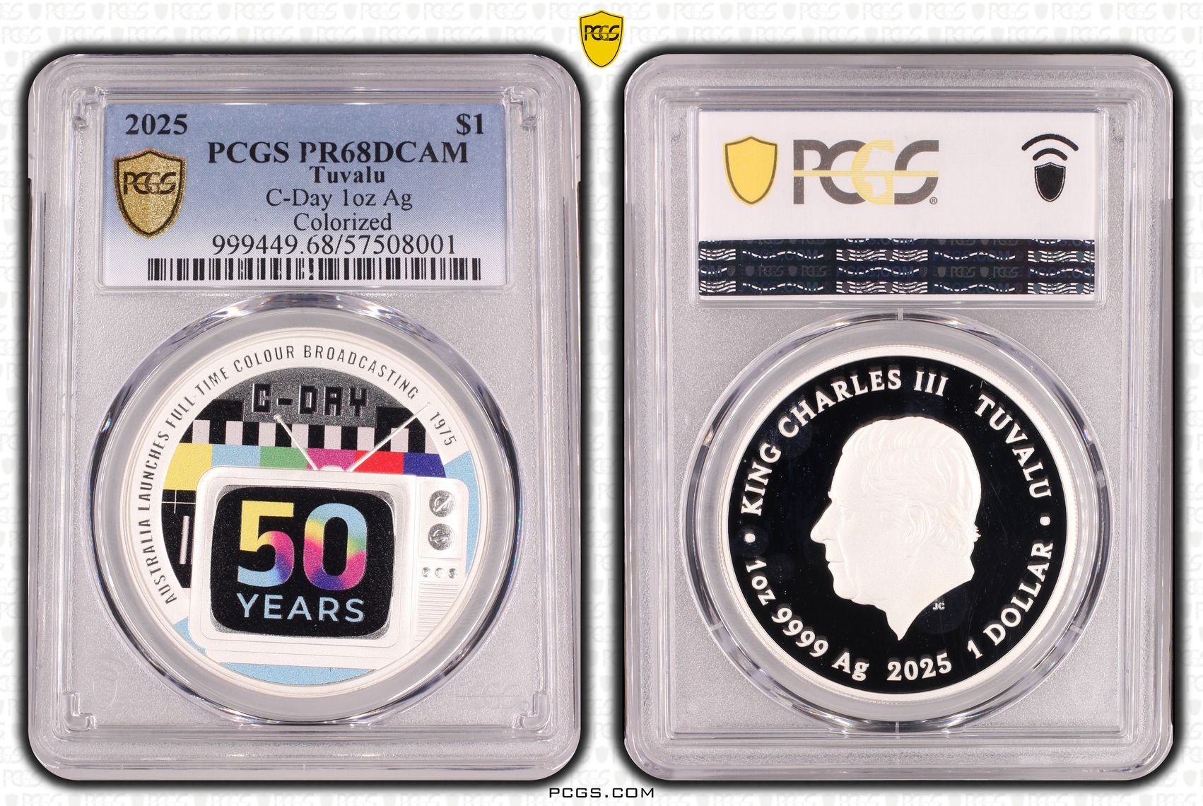 Tuvalu, Charles III, C-Day 1oz Silver Colourised, 1/0, One Dollar, 2025, PCGS PR68DCAM