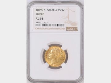 1879 VICTORIA YOUNG HEAD SYDNEY MINT SHIELD GOLD SOVEREIGN AU58