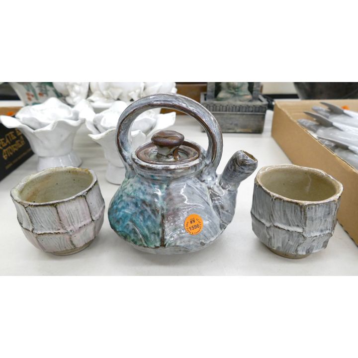 3pc Japanese Mingei Pottery Teapot & Cups