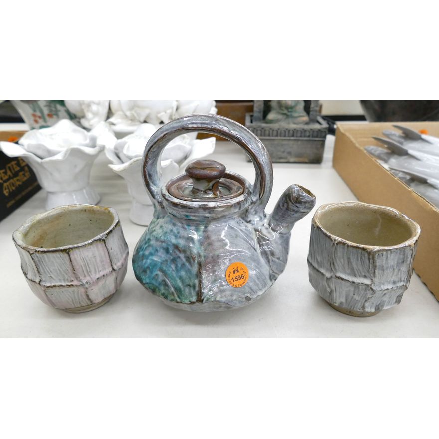 3pc Japanese Mingei Pottery Teapot & Cups