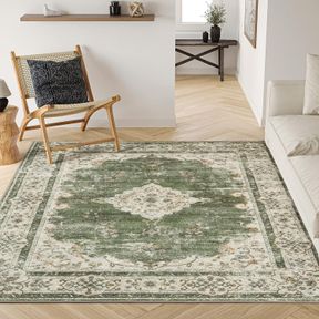 VALENRUG WASHABLE RUG 5X7 - ULTRA THIN GREEN COLLECTION AREA RUG, STAIN RESISTANT NON-SKID RUGS FOR LIVING ROOM, ANTIQUE BEDROOM R