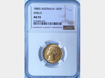 1886 VICTORIA YOUNG HEAD SYDNEY MINT SHIELD GOLD SOVEREIGN AU55