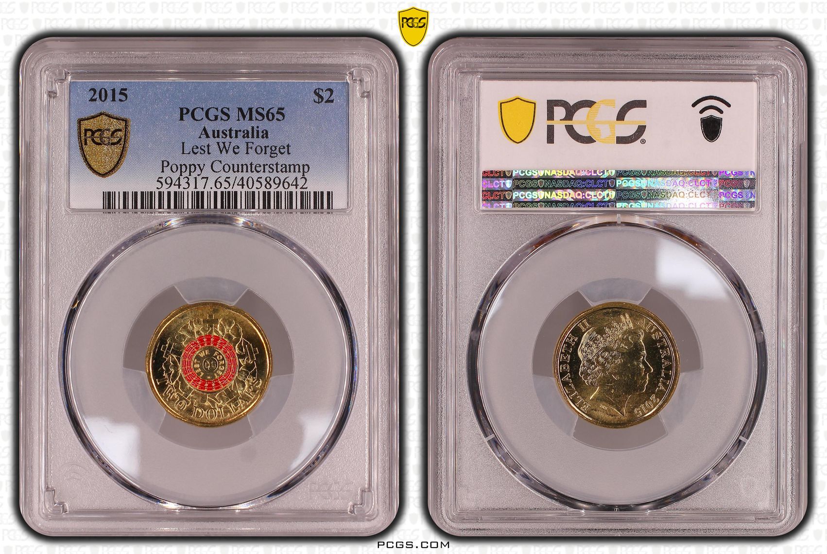 Lest We Forget Colorized Poppy counterstamp , Two Dollar, 2015, PCGS MS65