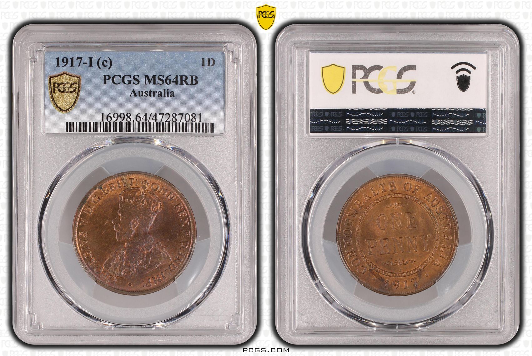 One Penny, 1917-I, PCGS MS 64RB