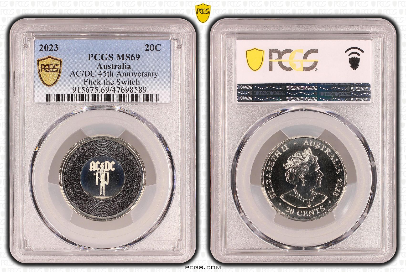 Elizabeth II, AC/DC 45th Anniversary - Flick the Switch, Twenty Cent, 2023, PCGS MS69