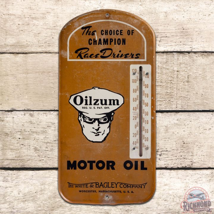 Oilzum Motor Oil "The Choice of Champions" Single Sided Tin Thermometer Sign w/ Oswald