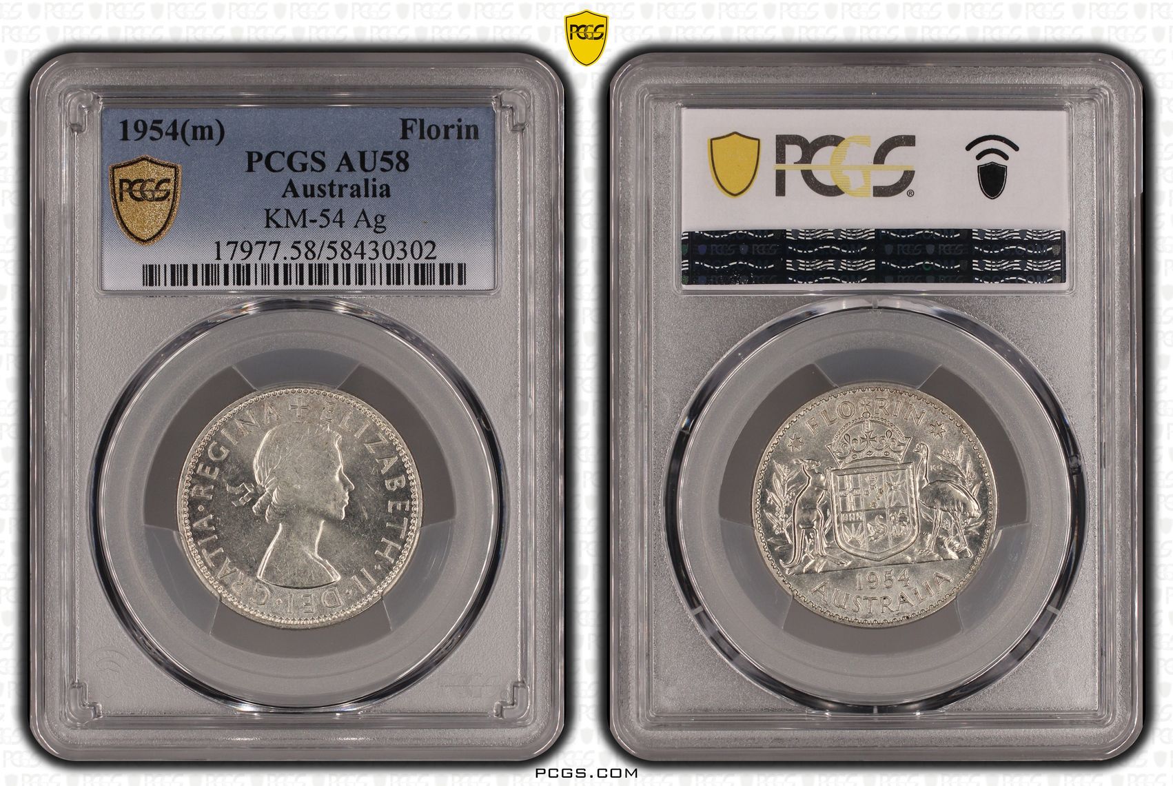 305 · Elizabeth II, KM-54 Silver, Florin, 1954(m),  AU58