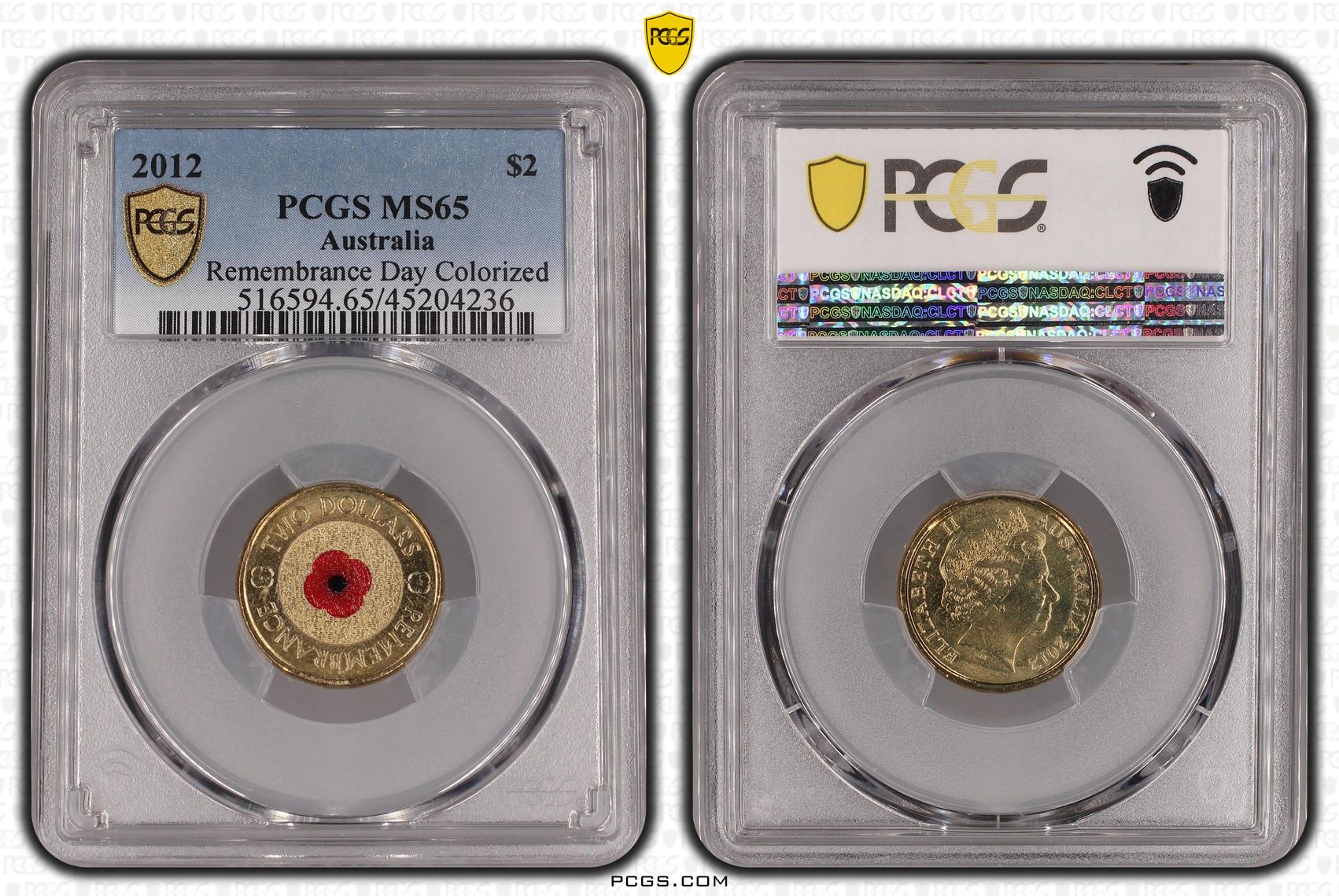 2012 Australia Two Dollar, $2 Remembrance Day Colored PCGS - MS65 -236
