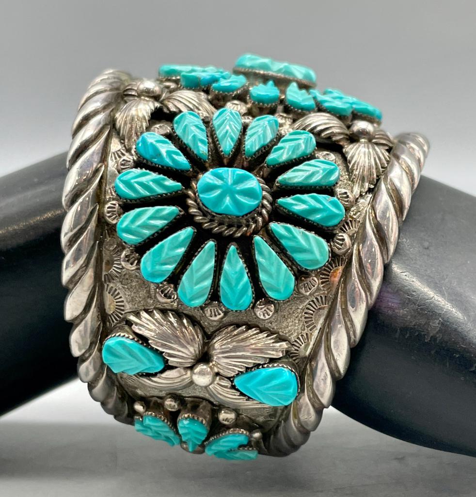 Exquisite Zuni Sterling Silver And Carved Turquoise Cuff Bracelet