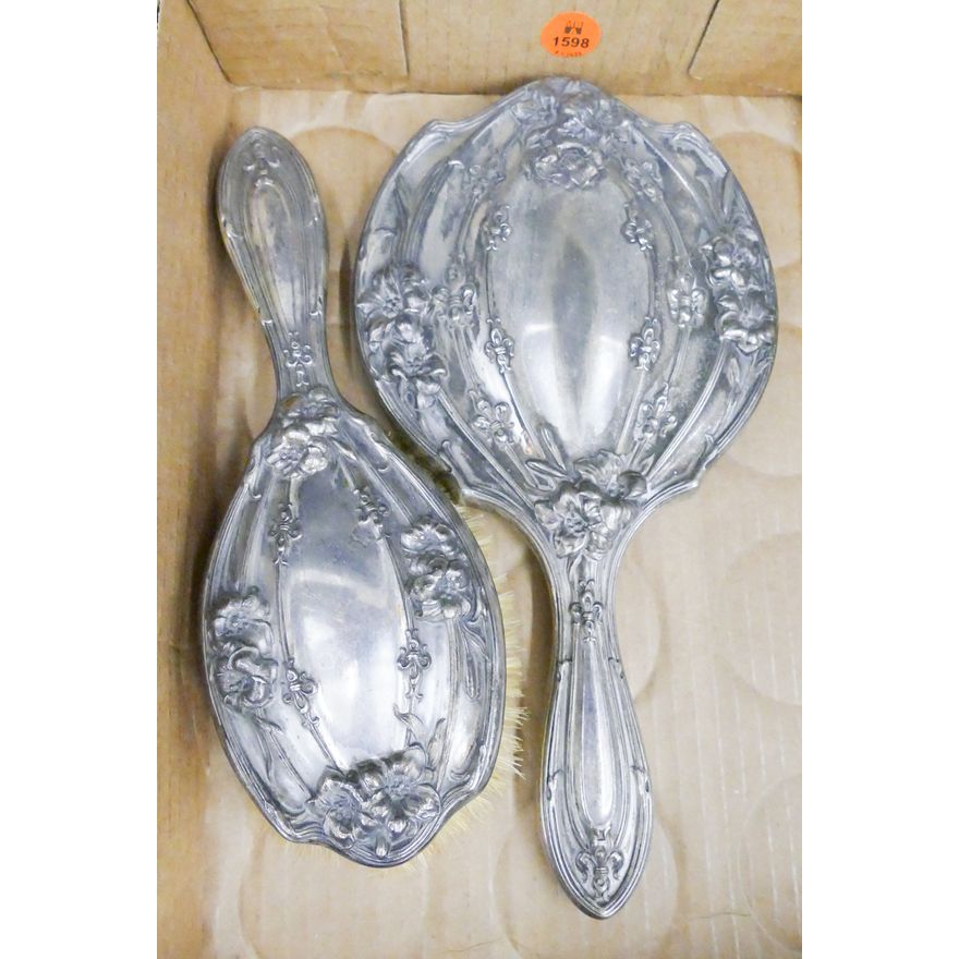Box Antique Silverplated Dresser Mirror & Brush