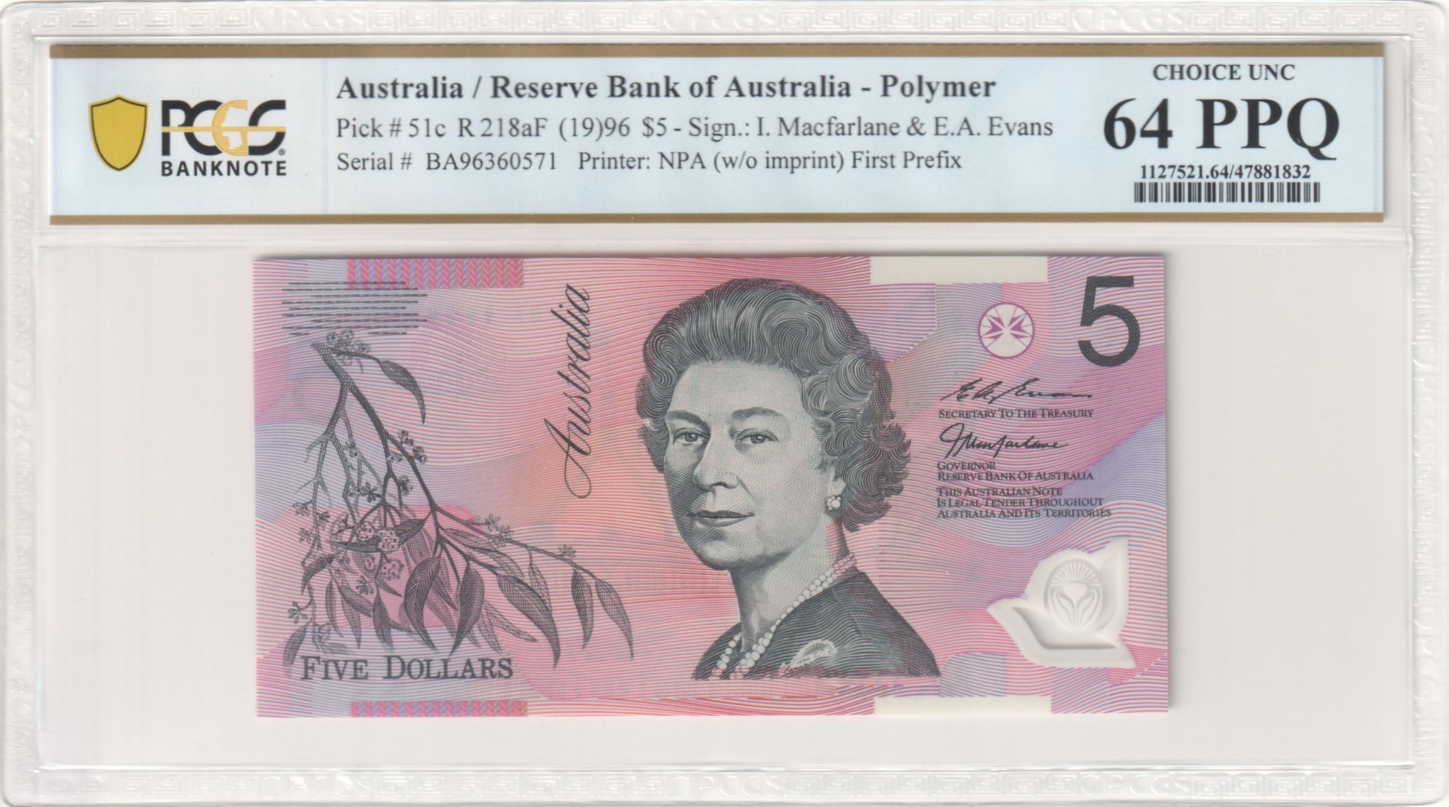 Macfarlane/ Evans, First Prefix, Five Dollar, 1996, PCGS Choice UNC 64 PPQ