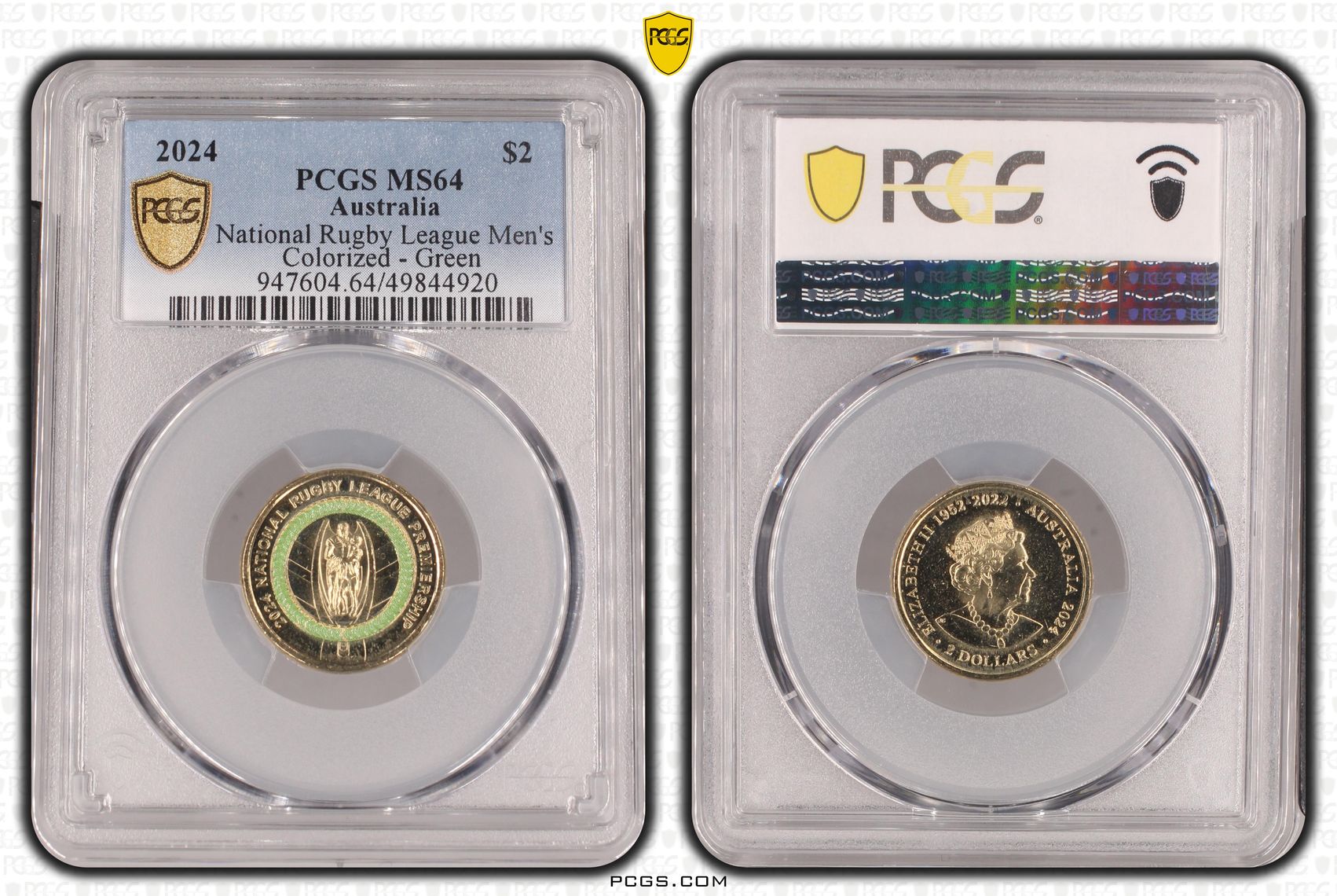 National Rugby League Men's Colorized - Green, Two Dollar, 2024, PCGS MS64
