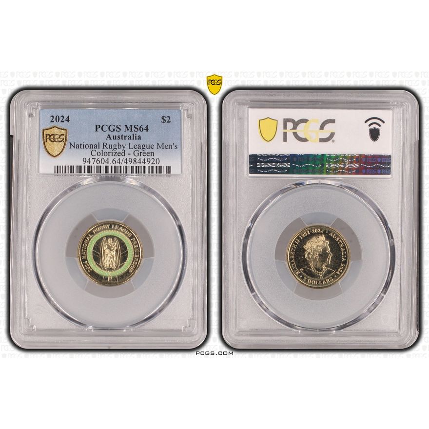 National Rugby League Men's Colorized - Green, Two Dollar, 2024, PCGS MS64