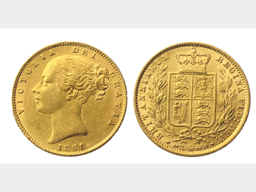 1861 Queen Victoria Young Head London Mint Shield Gold Sovereign.
